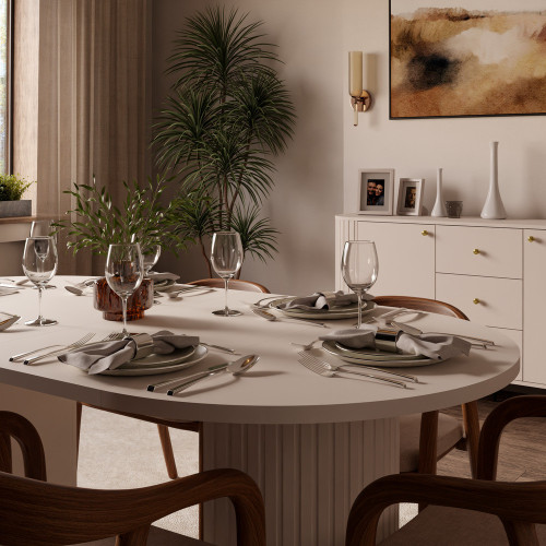 Rozkładany stół okrągły 100/188 cm do jadalni OVALIO - beż piaskowy | Stoły rozkładane Desire Furniture