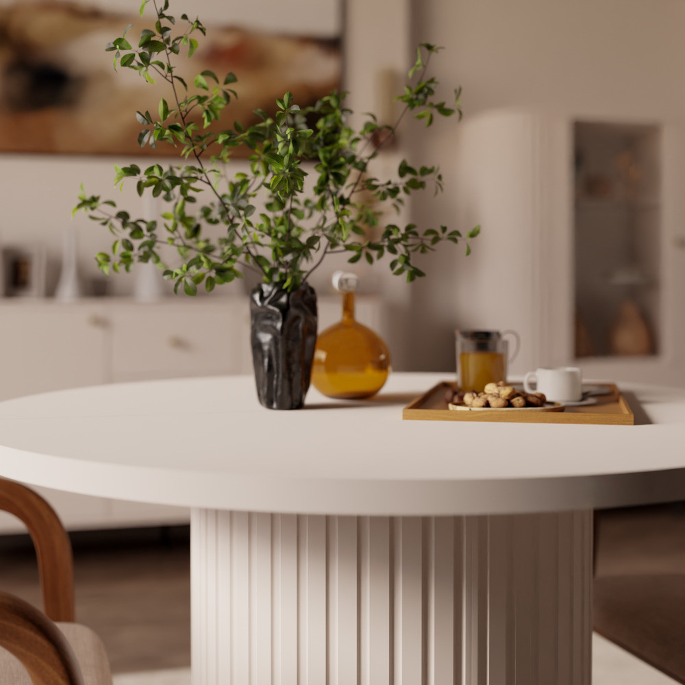 Rozkładany stół okrągły 100/188 cm do jadalni OVALIO - beż piaskowy | Stoły rozkładane Desire Furniture Rozkładany stół okrągły 100/188 cm do jadalni OVALIO - beż piaskowy | Stoły rozkładane Desire Furniture