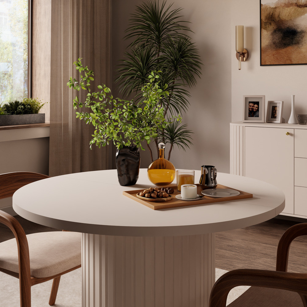 Rozkładany stół okrągły 100/188 cm do jadalni OVALIO - beż piaskowy | Stoły rozkładane Desire Furniture Rozkładany stół okrągły 100/188 cm do jadalni OVALIO - beż piaskowy | Stoły rozkładane Desire Furniture