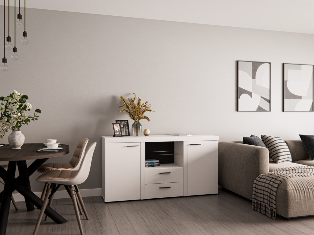 Nowoczesna biała komoda z szufladami i szafkami RUMBA 156 cm | Komody z szufladami Desire Furniture