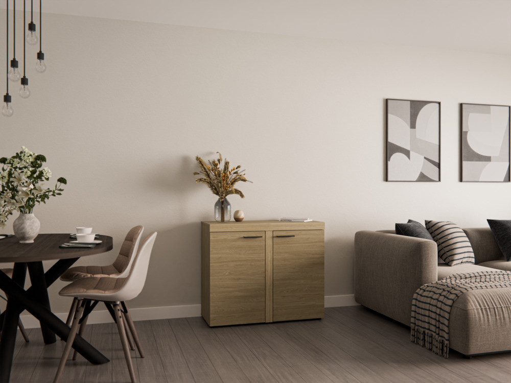 Kompaktowa komoda do salonu z szafkami RUMBA 97 cm, dąb olejowany | Komody z drzwiami Desire Furniture Kompaktowa komoda do salonu z szafkami RUMBA 97 cm, dąb olejowany | Komody z drzwiami Desire Furniture