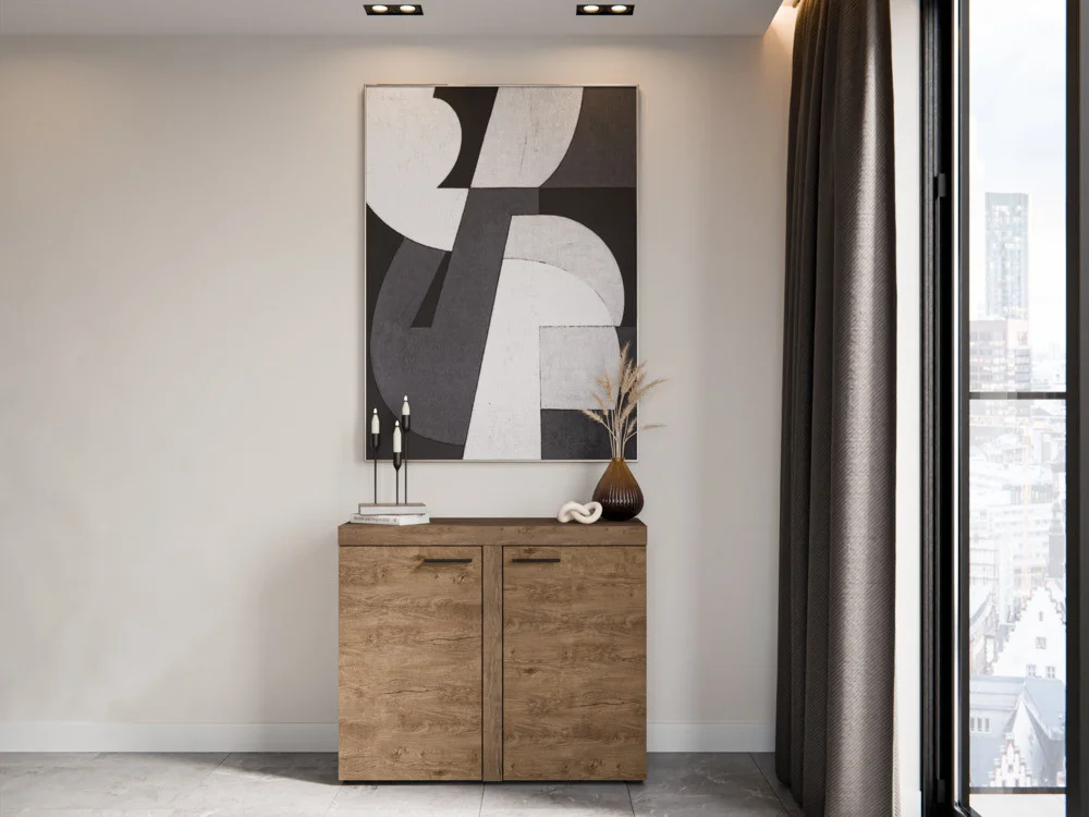 Kompaktowa komoda do salonu z szafkami RUMBA 97 cm, dąb lefkas | Komody z drzwiami Desire Furniture