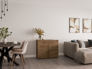 Kompaktowa komoda do salonu z szafkami RUMBA 97 cm, dąb lefkas | Komody z drzwiami Desire Furniture