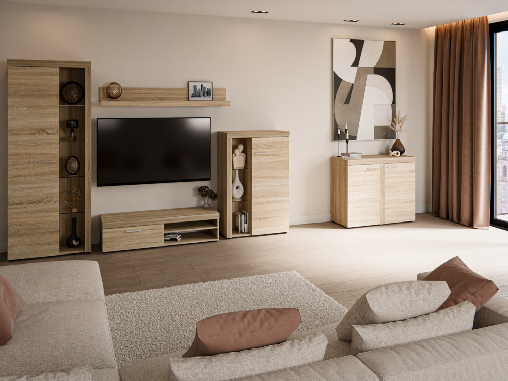 Kompaktowa komoda do salonu z szafkami RUMBA 97 cm, dąb sonoma | Komody z drzwiami Desire Furniture Kompaktowa komoda do salonu z szafkami RUMBA 97 cm, dąb sonoma | Komody z drzwiami Desire Furniture