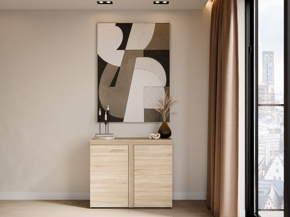 Kompaktowa komoda do salonu z szafkami RUMBA 97 cm, dąb sonoma | Komody z drzwiami Desire Furniture Kompaktowa komoda do salonu z szafkami RUMBA 97 cm, dąb sonoma | Komody z drzwiami Desire Furniture