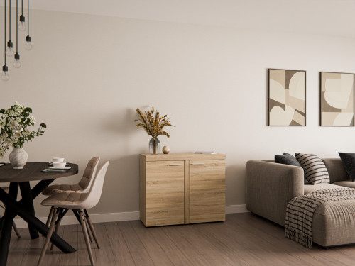 Kompaktowa komoda do salonu z szafkami RUMBA 97 cm, dąb sonoma | Komody z drzwiami Desire Furniture