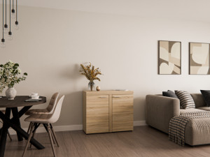 Kompaktowa komoda do salonu z szafkami RUMBA 97 cm, dąb sonoma | Komody z drzwiami Desire Furniture