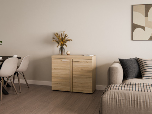 Kompaktowa komoda do salonu z szafkami RUMBA 97 cm, dąb sonoma | Komody z drzwiami Desire Furniture
