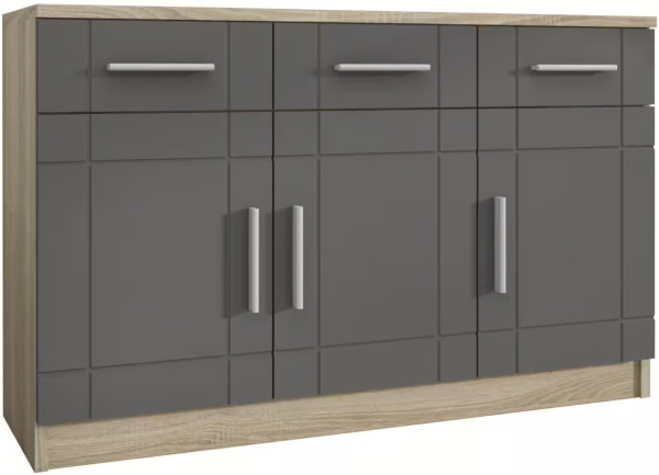 Trzydrzwiowa komoda z szufladami do salonu PARIS 104 cm - grafit/dąb sonoma