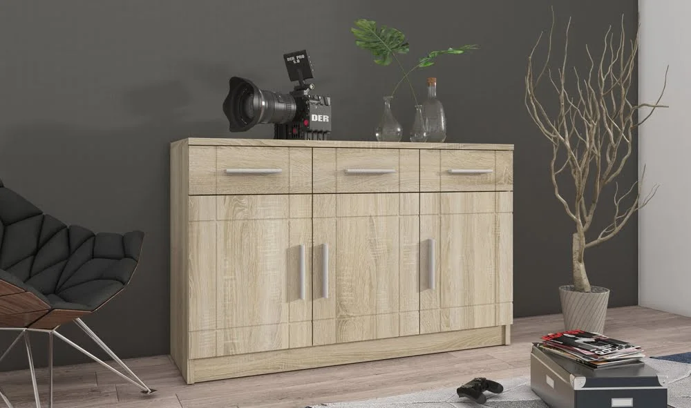 Trzydrzwiowa komoda z szufladami do salonu PARIS 104 cm - dąb sonoma | Komody z drzwiami Desire Furniture
