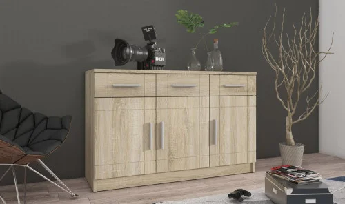 Trzydrzwiowa komoda z szufladami do salonu PARIS 104 cm - dąb sonoma | Komody z drzwiami Desire Furniture