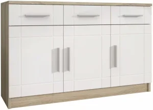 Trzydrzwiowa komoda z szufladami do salonu PARIS 104 cm - biały/dąb sonoma