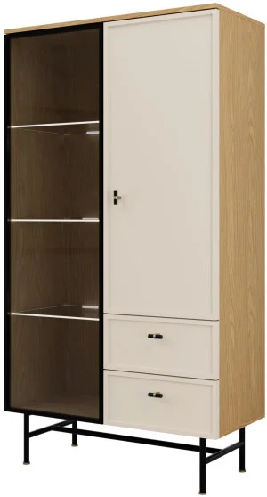 Witryna z szufladami i drzwiami na stelażu 90 cm ELORA - dąb wiosenny/macadamia