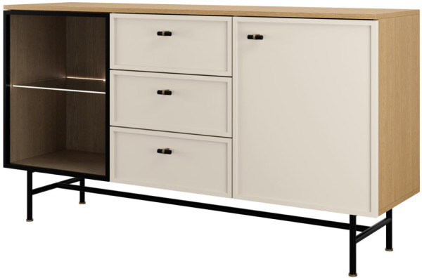 Komoda z przeszkleniem i szufladami na stelażu 150 cm ELORA - dąb wiosenny/macadamia