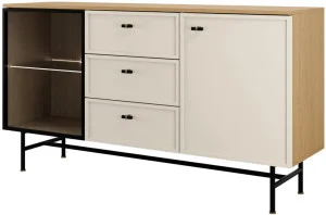 Komoda z przeszkleniem i szufladami na stelażu 150 cm ELORA - dąb wiosenny/macadamia