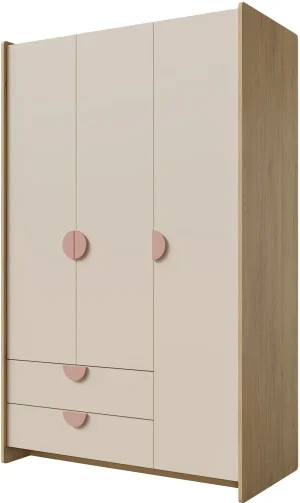 Trzydrzwiowa nowoczesna szafa z szufladami 123 cm LEXI - dąb cremona/macadamia/pudrowy róż