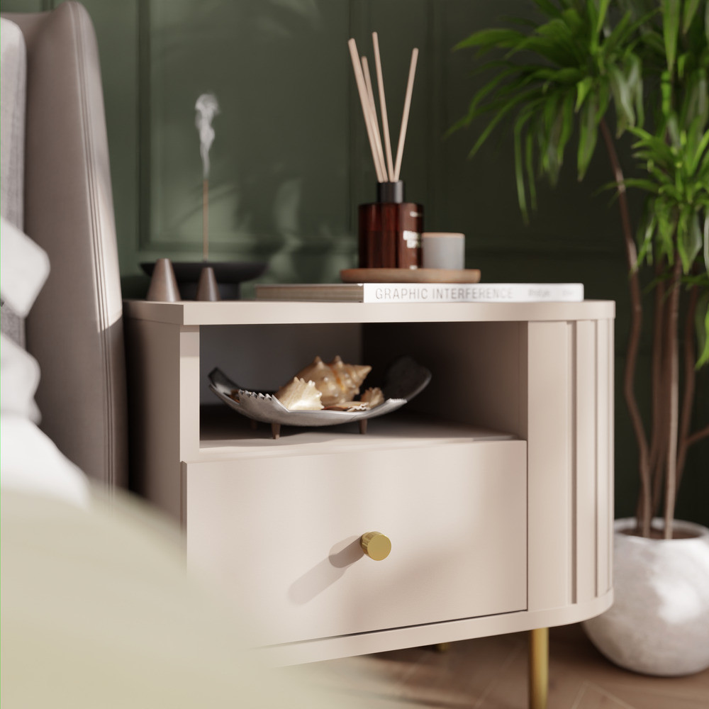 Stolik nocny do sypialni z szufladą 48 cm OVALIO - beż piaskowy | Szafki nocne z szufladami Desire Furniture Stolik nocny do sypialni z szufladą 48 cm OVALIO - beż piaskowy | Szafki nocne z szufladami Desire Furniture