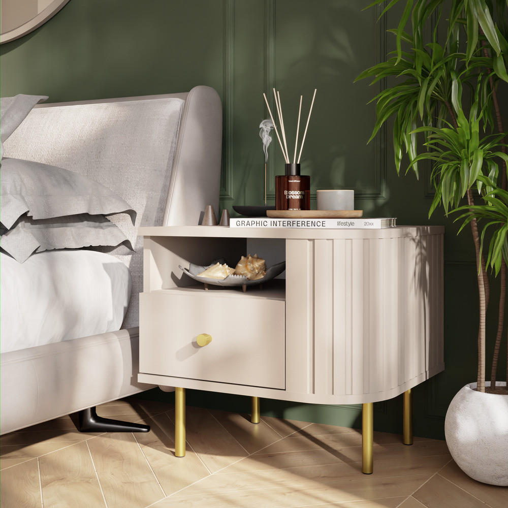 Stolik nocny do sypialni z szufladą 48 cm OVALIO - beż piaskowy | Szafki nocne z szufladami Desire Furniture Stolik nocny do sypialni z szufladą 48 cm OVALIO - beż piaskowy | Szafki nocne z szufladami Desire Furniture