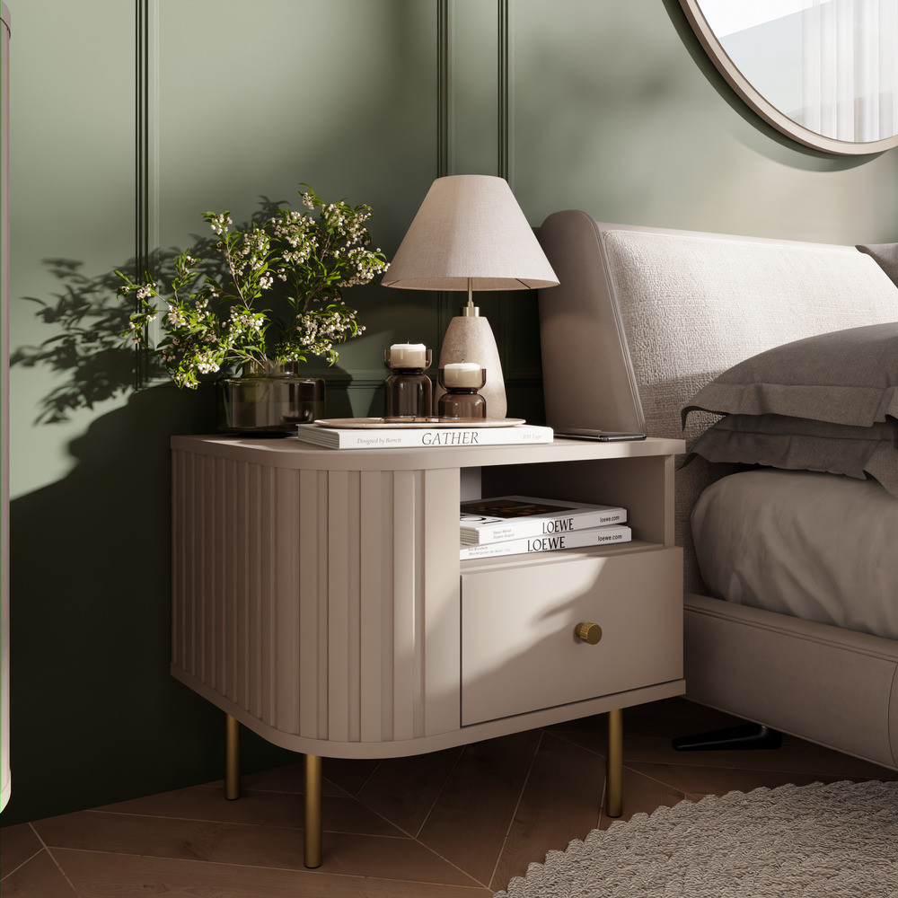 Stolik nocny do sypialni z szufladą 48 cm OVALIO - beż piaskowy | Szafki nocne z szufladami Desire Furniture Stolik nocny do sypialni z szufladą 48 cm OVALIO - beż piaskowy | Szafki nocne z szufladami Desire Furniture