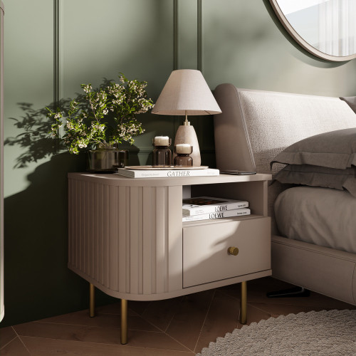 Stolik nocny do sypialni z szufladą 48 cm OVALIO - beż piaskowy | Szafki nocne z szufladami Desire Furniture