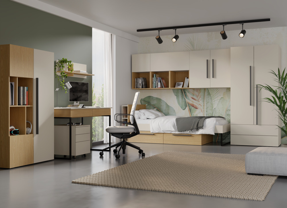 Łóżko młodzieżowe z szufladami i półkami 90x200 cm LORIN - kaszmir/dąb wiosenny | Łóżka młodzieżowe Desire Furniture