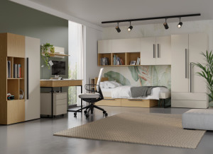 Łóżko młodzieżowe z szufladami i półkami 90x200 cm LORIN - kaszmir/dąb wiosenny | Łóżka młodzieżowe Desire Furniture