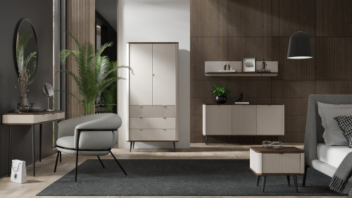 Dwudrzwiowa ryflowana szafa z szufladami 90 cm MARLY - kaszmir/orzech | Szafy uchylne Desire Furniture