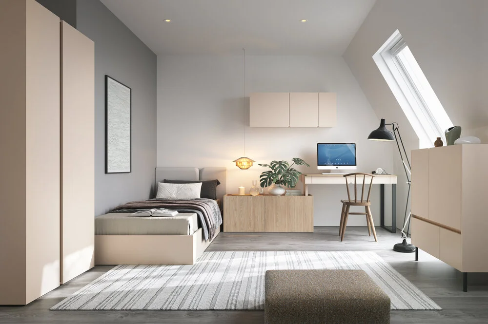 Regał Luca 80 cm – nowoczesny regał z 2 szufladami i 1 szafką, beż piaskowy/eukaliptus Luca Desire Furniture