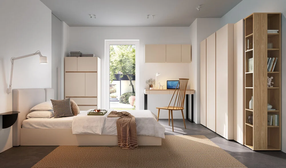 Regał Luca 80 cm – nowoczesny regał z 2 szufladami i 1 szafką, beż piaskowy/eukaliptus Luca Desire Furniture