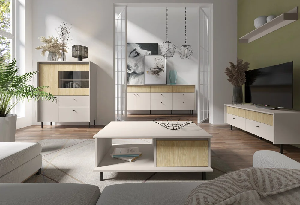 Regał z szufladami na książki MALTA 103,5 cm – beż piaskowy / dąb olejowany Regały z szufladami Desire Furniture