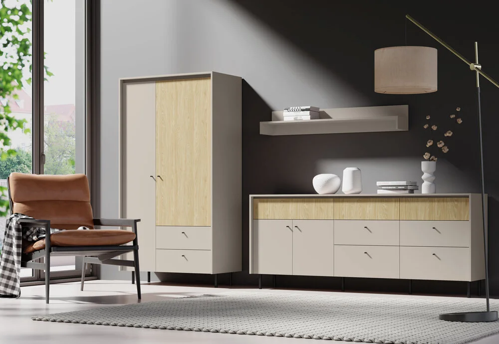 Regał z szufladami na książki MALTA 103,5 cm – beż piaskowy / dąb olejowany Regały z szufladami Desire Furniture