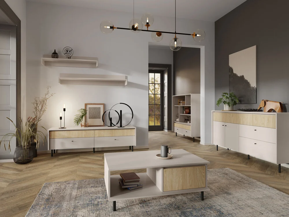 Stolik kawowy prostokątny MALTA – 97x65 cm, beż piaskowy/dąb olejowany Stoliki kawowe prostokątne Desire Furniture