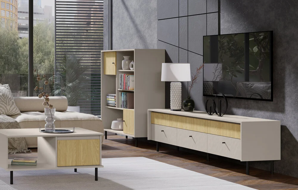 Stolik kawowy prostokątny MALTA – 97x65 cm, beż piaskowy/dąb olejowany Stoliki kawowe prostokątne Desire Furniture