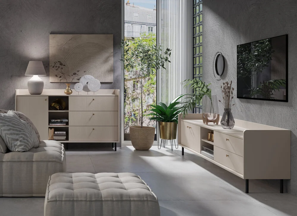 Regał na książki z szufladami GRANDE 103.5 cm, beż piaskowy Grande Desire Furniture