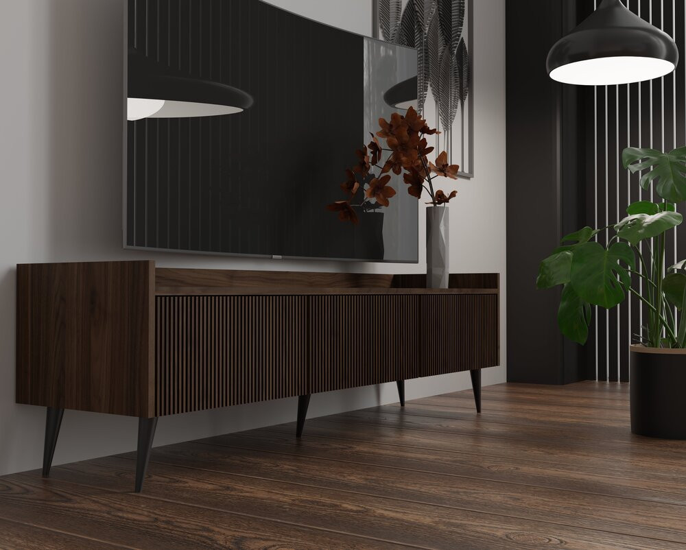 Ryflowana szafka RTV do salonu 180 cm ADEMO - orzech | Szafki RTV na nóżkach Desire Furniture