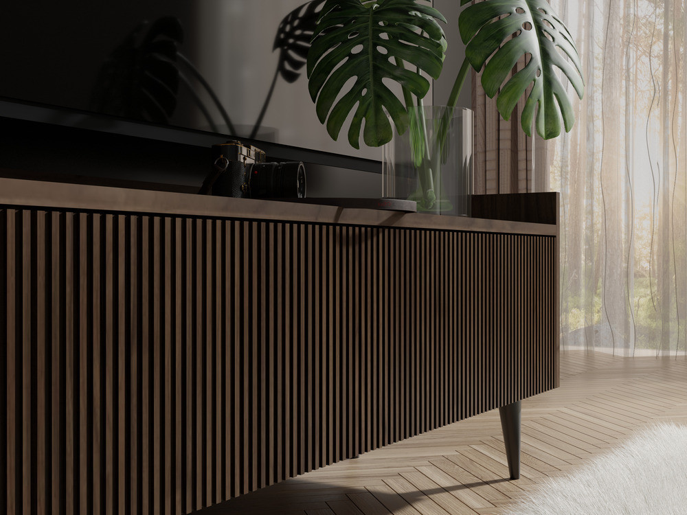 Mała szafka RTV do salonu 121 cm ADEMO - orzech | Szafki RTV na nóżkach Desire Furniture