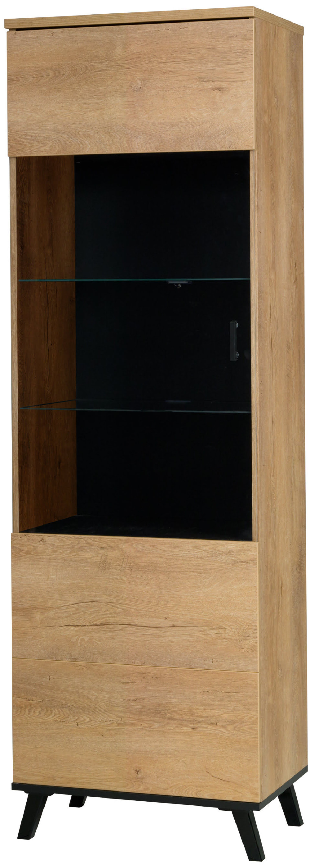 Wysoka przeszklona witryna do salonu 191 cm JOHN L - dąb lefkas/czarny | Witryny przeszklone Desire Furniture
