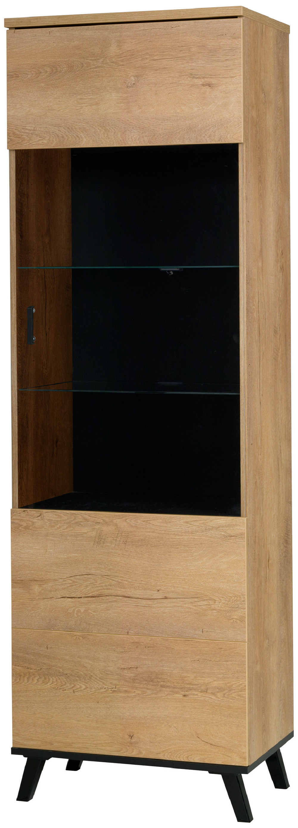 Wysoka przeszklona witryna do salonu 191 cm JOHN P - dąb lefkas/czarny | Witryny przeszklone Desire Furniture