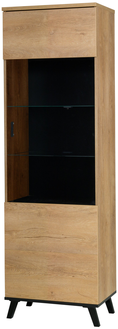 Wysoka przeszklona witryna do salonu 191 cm JOHN P - dąb lefkas/czarny | Witryny przeszklone Desire Furniture