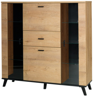 Witryna ze szklanymi półkami do salonu 131 cm JOHN - dąb lefkas/czarny | Witryny przeszklone Desire Furniture