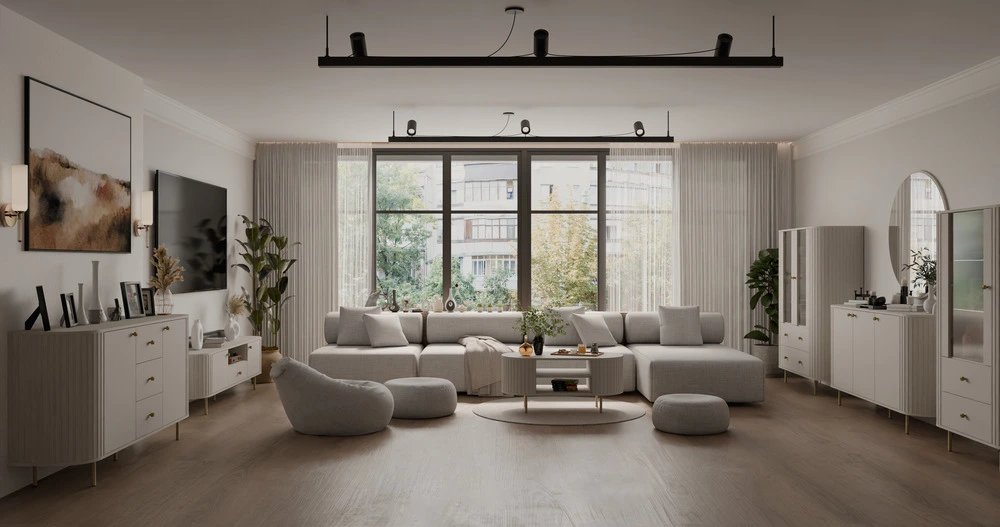 Szafka RTV do salonu z szafkami 123 cm OVALIO – beż piaskowy Szafki RTV Desire Furniture