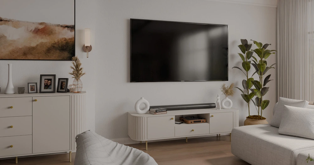 Szafka RTV do salonu OVALIO 180 cm z szufladą – beż piaskowy, nowoczesna Ovalio Desire Furniture Szafka RTV do salonu OVALIO 180 cm z szufladą – beż piaskowy, nowoczesna Ovalio Desire Furniture