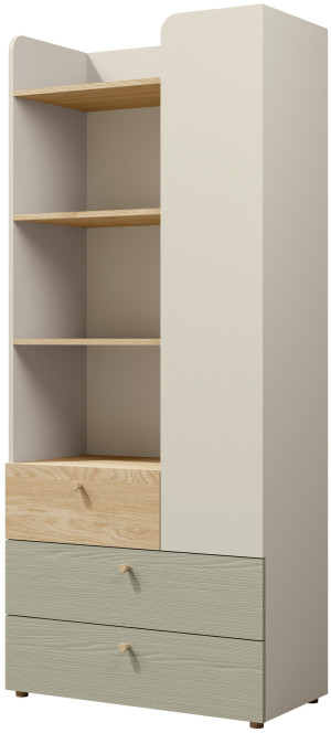 Regał młodzieżowy z szufladami 80 cm YUKI - beż/dąb olejowany/eukaliptus