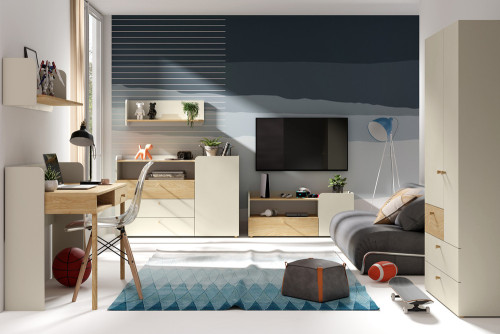 Regał szufladami do pokoju nastolatka 60 cm YUKI - beż/dąb olejowany/eukaliptus | Regały nowoczesne Desire Furniture