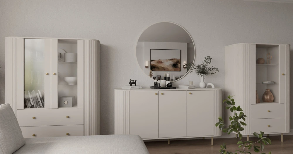 Nowoczesna witryna OVALIO 97 cm z szufladami i szafką – beż piaskowy Ovalio Desire Furniture
