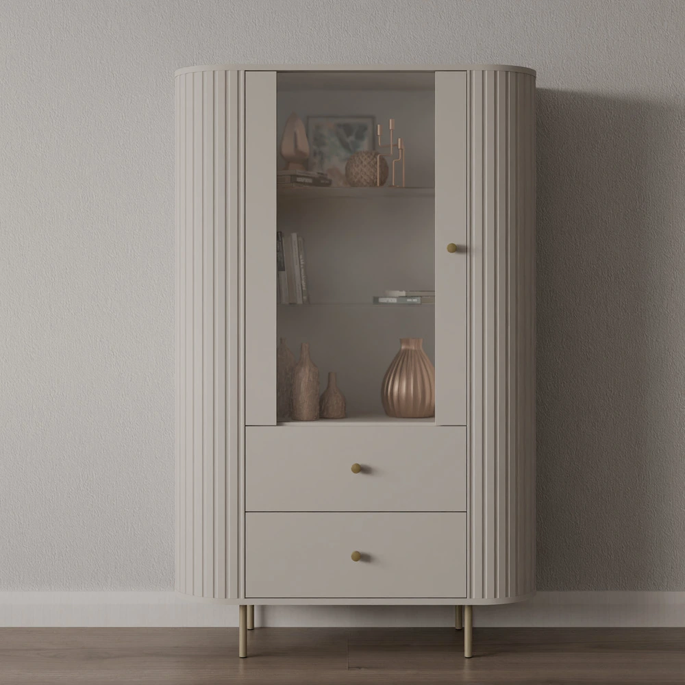 Nowoczesna witryna OVALIO 97 cm z szufladami i szafką – beż piaskowy Ovalio Desire Furniture
