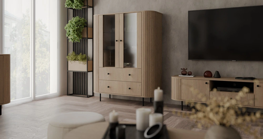 Nowoczesna witryna OVALIO 123 cm dąb cremona – przeszklona z szufladami Witryny Desire Furniture