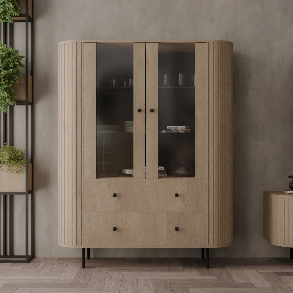 Nowoczesna witryna OVALIO 123 cm dąb cremona – przeszklona z szufladami Witryny Desire Furniture
