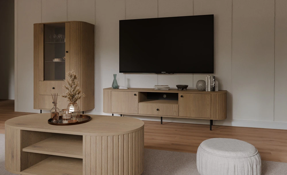 Szafka RTV OVALIO 180 cm dąb cremona – styl i harmonia Szafka RTV OVALIO 180 cm dąb cremona – styl i harmonia