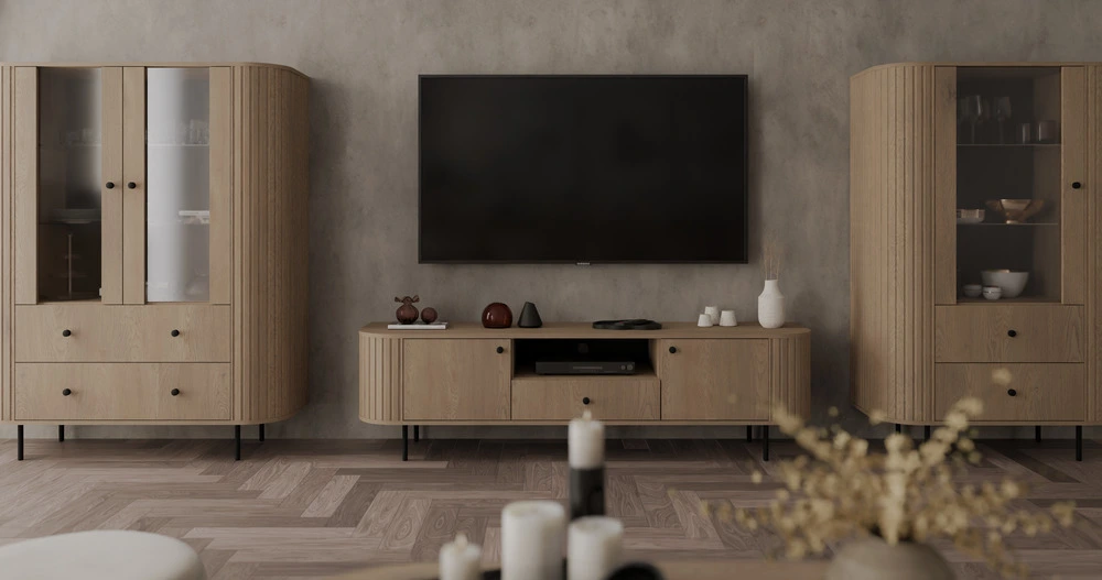 Szafka RTV OVALIO 180 cm dąb cremona – styl i harmonia Szafka RTV OVALIO 180 cm dąb cremona – styl i harmonia